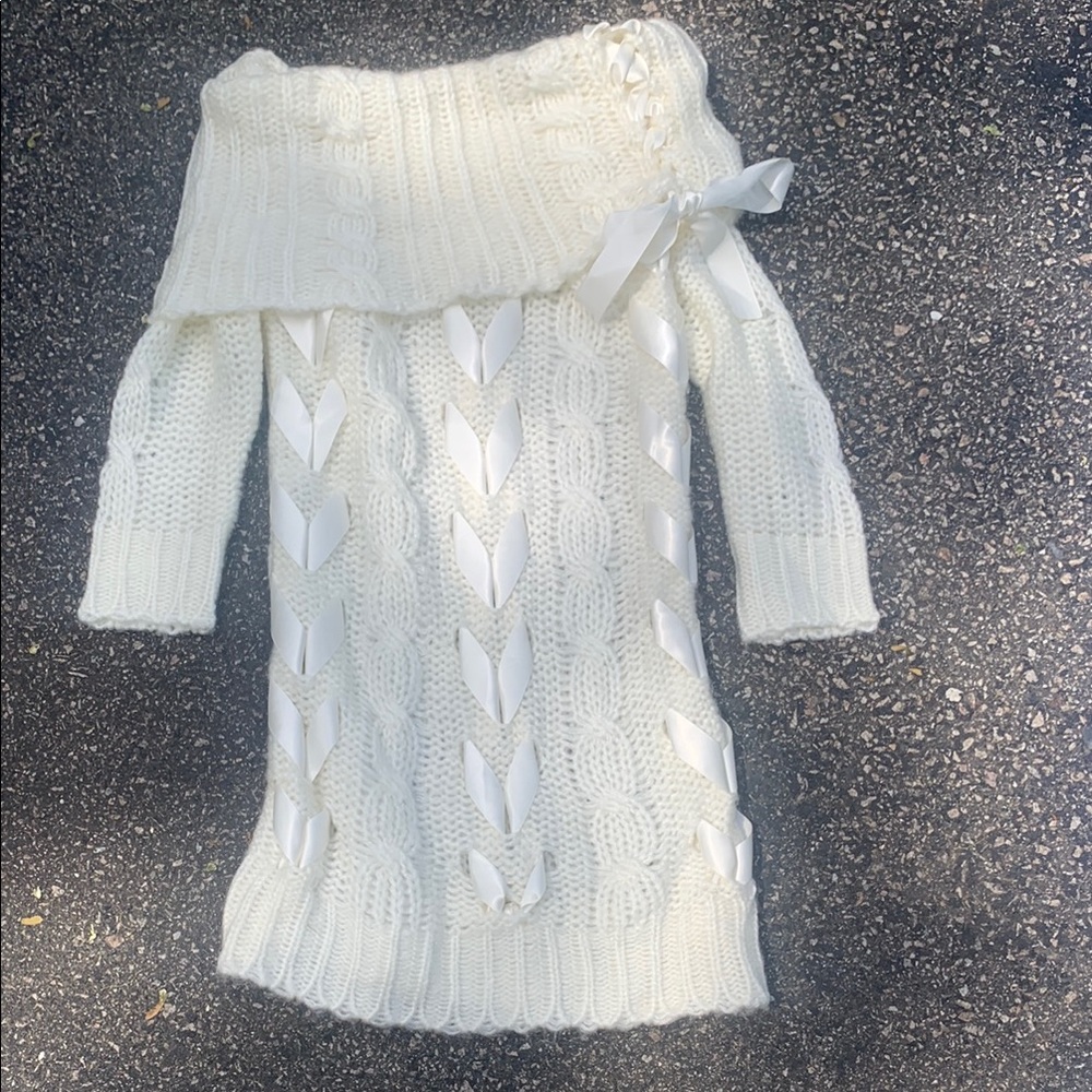 Arden B White Off-the-Shoulder Sweater with Cable Knit